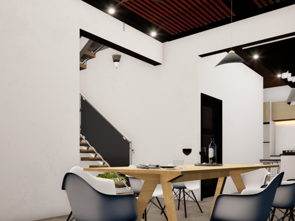 3D rendering of a chic dining area with partial view of the stairwell and kitchen