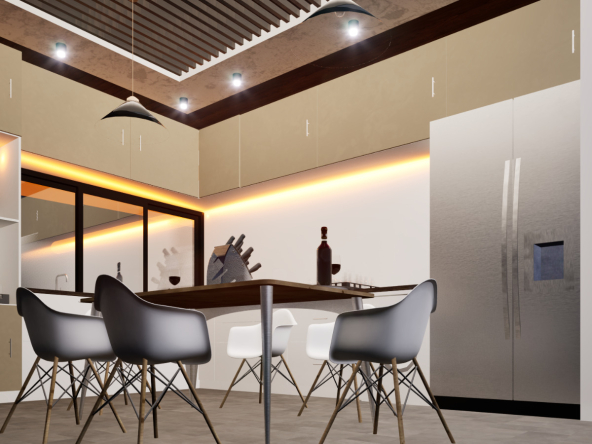 A sleek, 3D-rendered view of the kitchen area in Ekonation's housing units