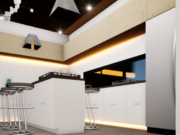 3D rendering of the kitchen bar with ambient lighting and modern design